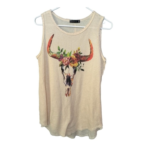 🔹5/$25🔹T Party Beige Waffle Knit Tank Top Tunic with Flower Cow Skull. Medium - Picture 10 of 10
